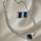 Sapphire Blue Stone CZ Necklace Set with Stud Earrings Silver Tone Jewelry for Women