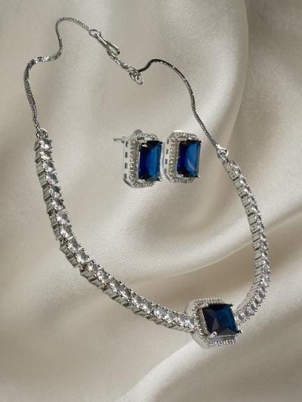 Sapphire Blue Stone CZ Necklace Set with Stud Earrings Silver Tone Jewelry for Women