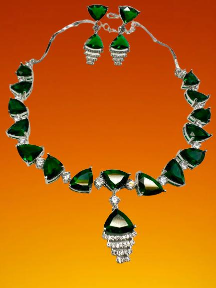 Green Emerald Color Cubic Zirconia CZ Necklace Set with Earrings Rhodium Polish Designer Jewelry