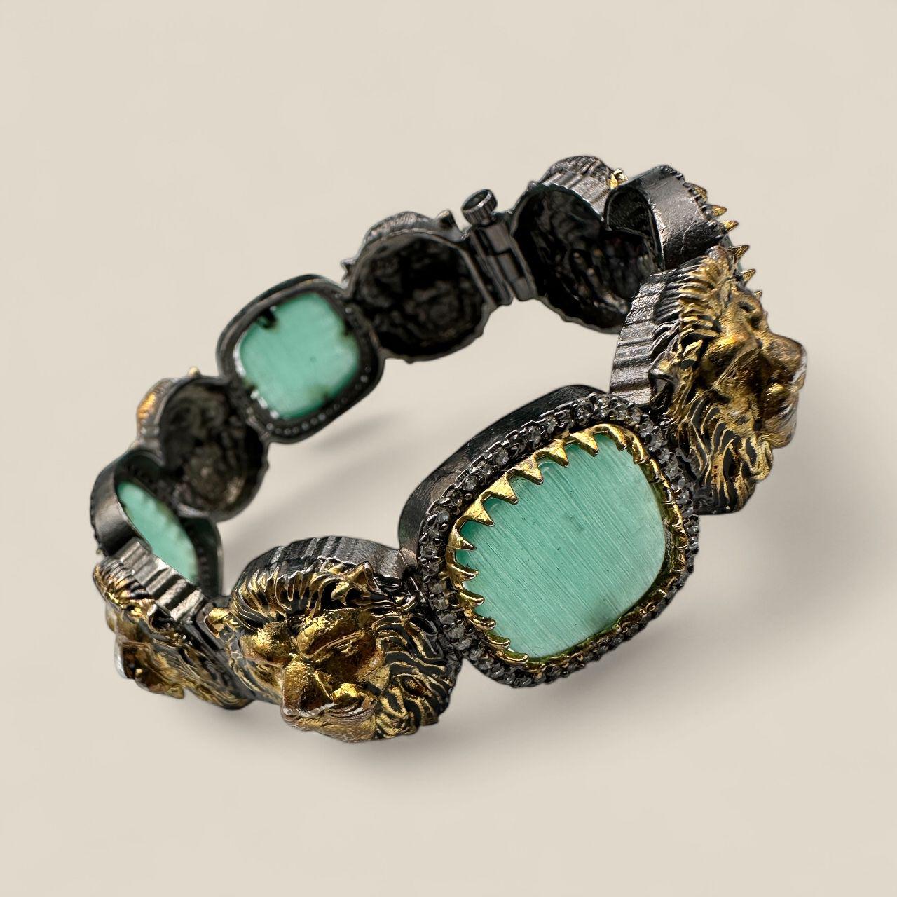 Old School Openable Bangle Chunky | Lion Motif Gold & Silver with Mint Green Stones