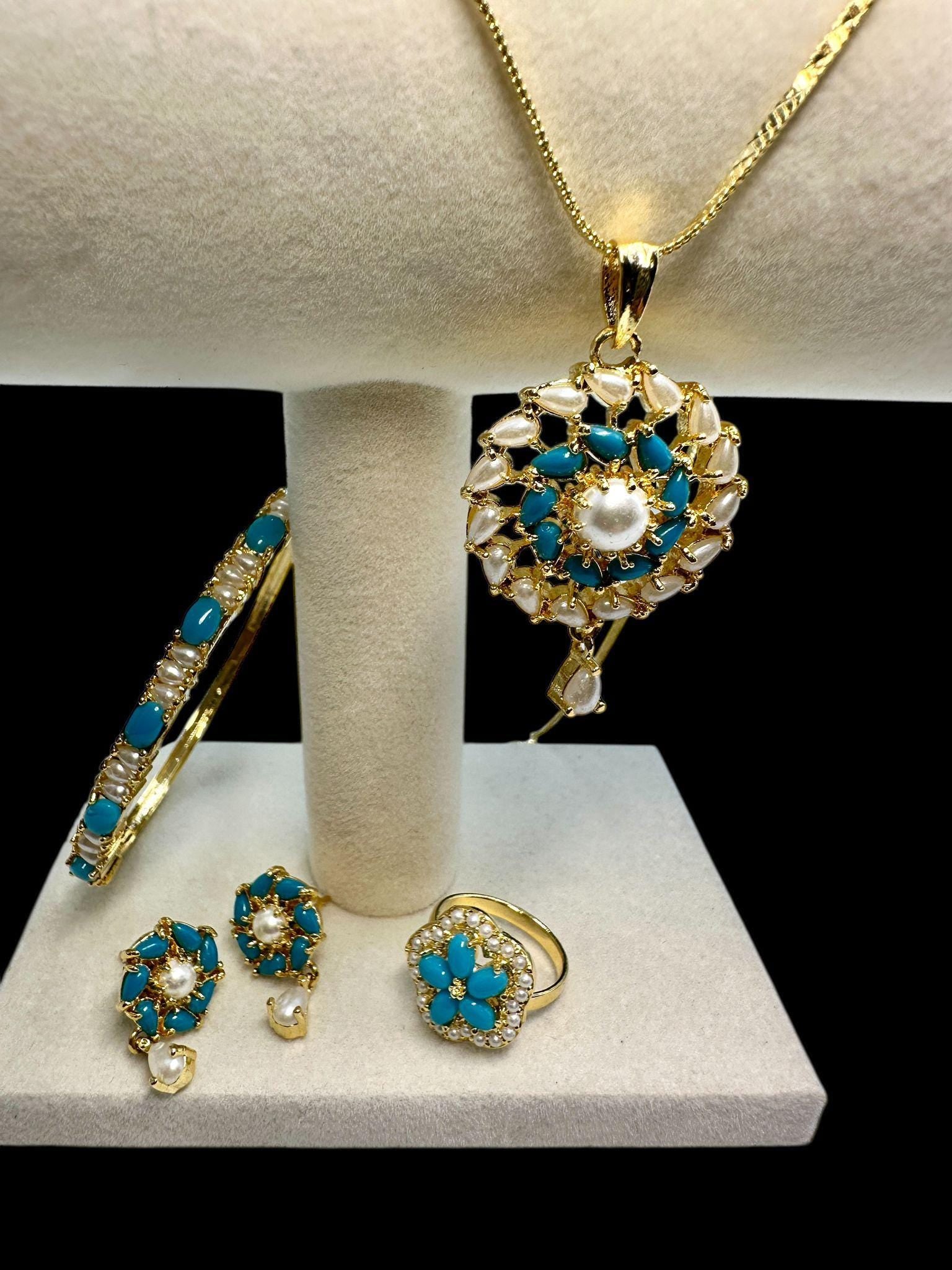 Mother of Pearl & Turquoise Jewelry Set - Gold Plated Elegance