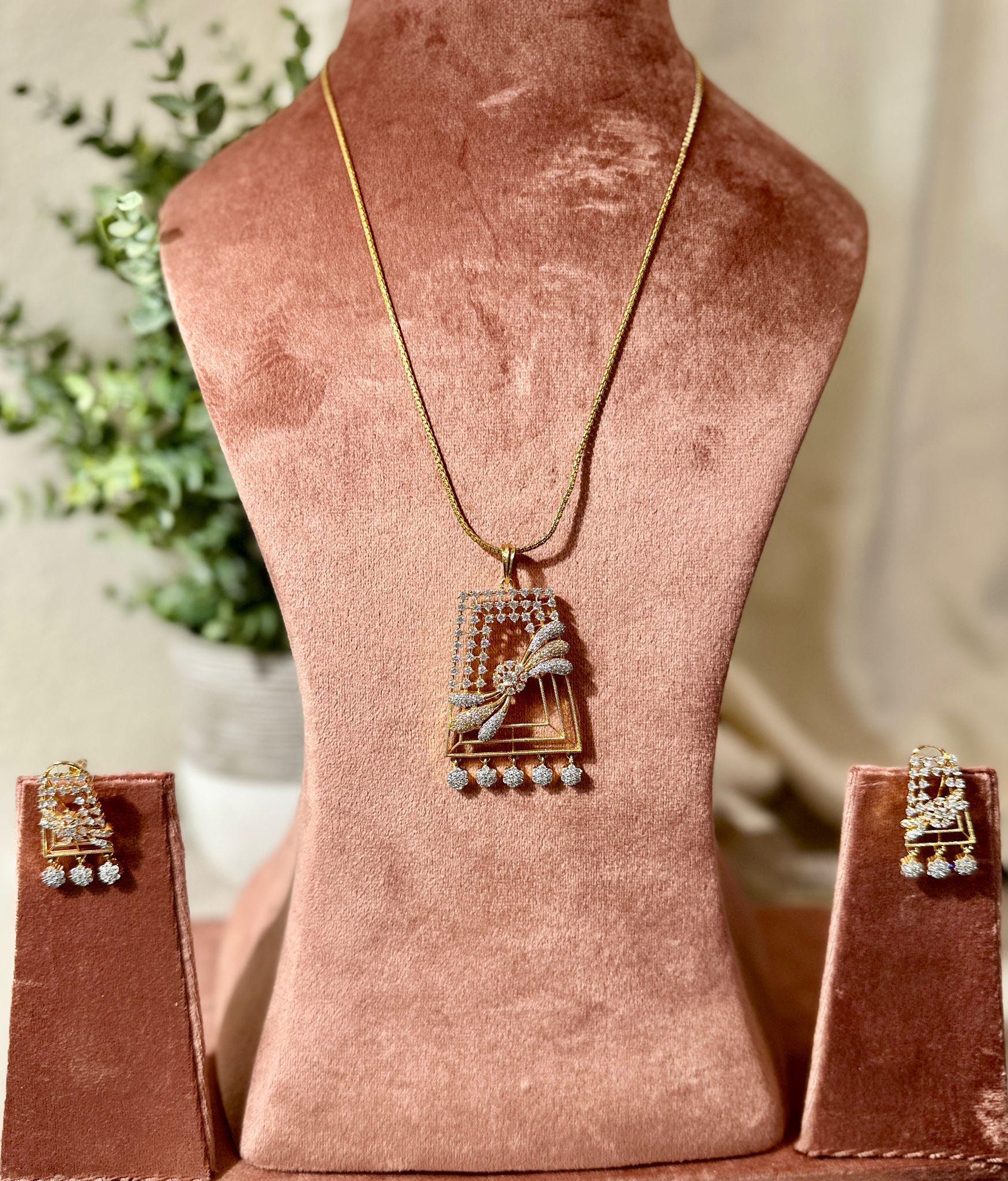 Gold Rectangle Pendant Necklace and Earrings Set, Floral Cubic Zirconia