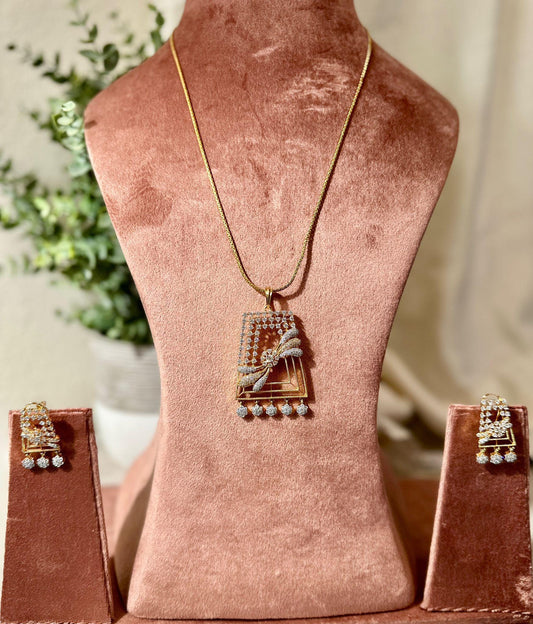 Gold Rectangle Pendant Necklace and Earrings Set, Floral Cubic Zirconia