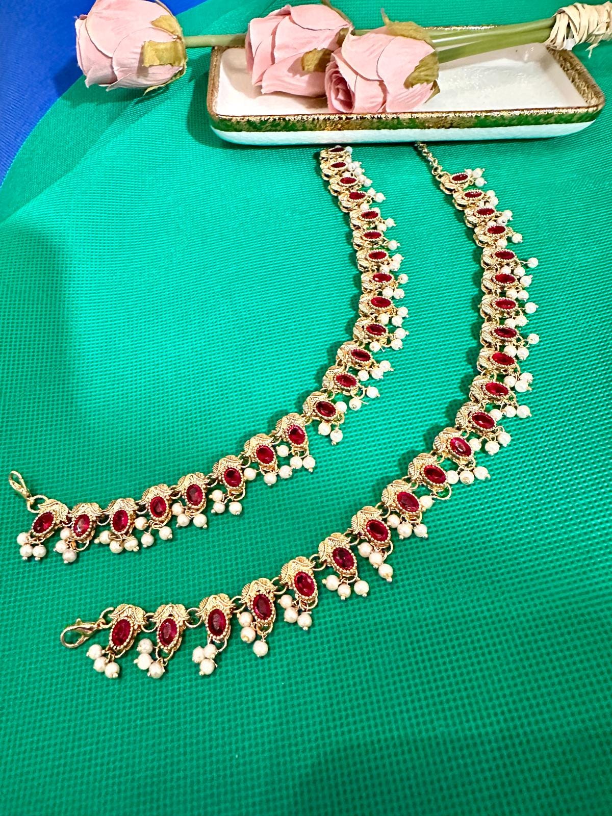 Payal / Anklet Gold Finish with Pearls & Clear Stones