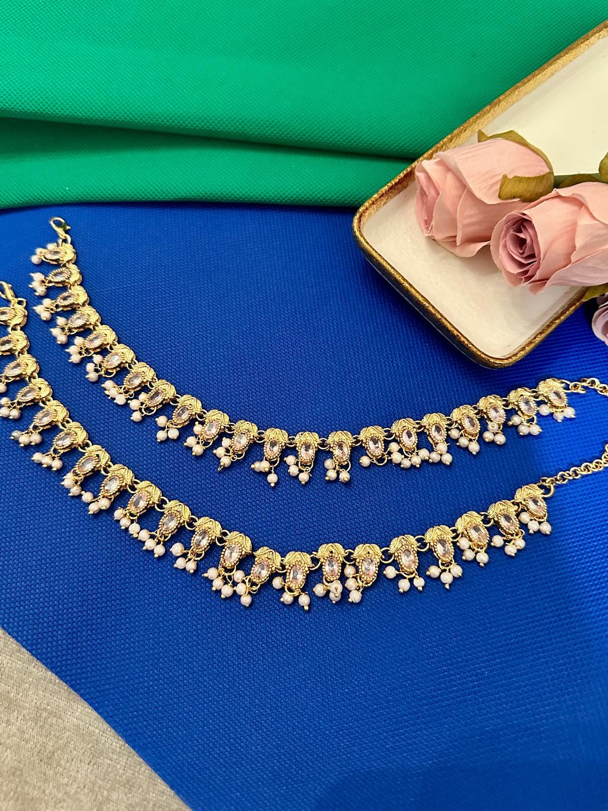 Payal / Anklet Gold Finish with Pearls & Clear Stones