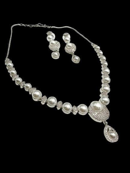Micro CZ Stone Setting Necklace Set with Earrings - Elegant Pearl & CZ Jewelry