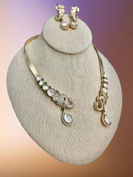 Elephant Gold Hasli Set Designer Jewelry | Kundan Polki Necklace & Earrings
