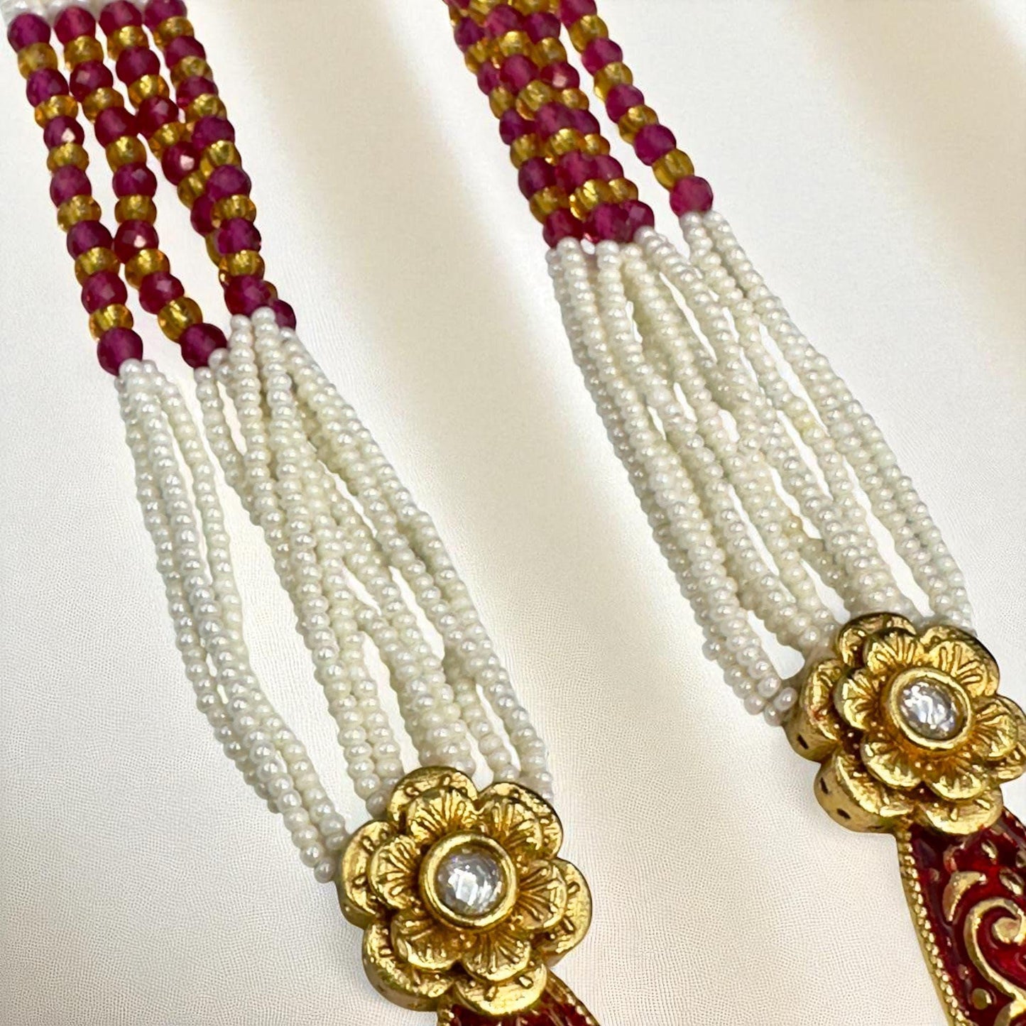 Gold Plated Bollywood Mala Set – Ruby, Emerald, and Pearls