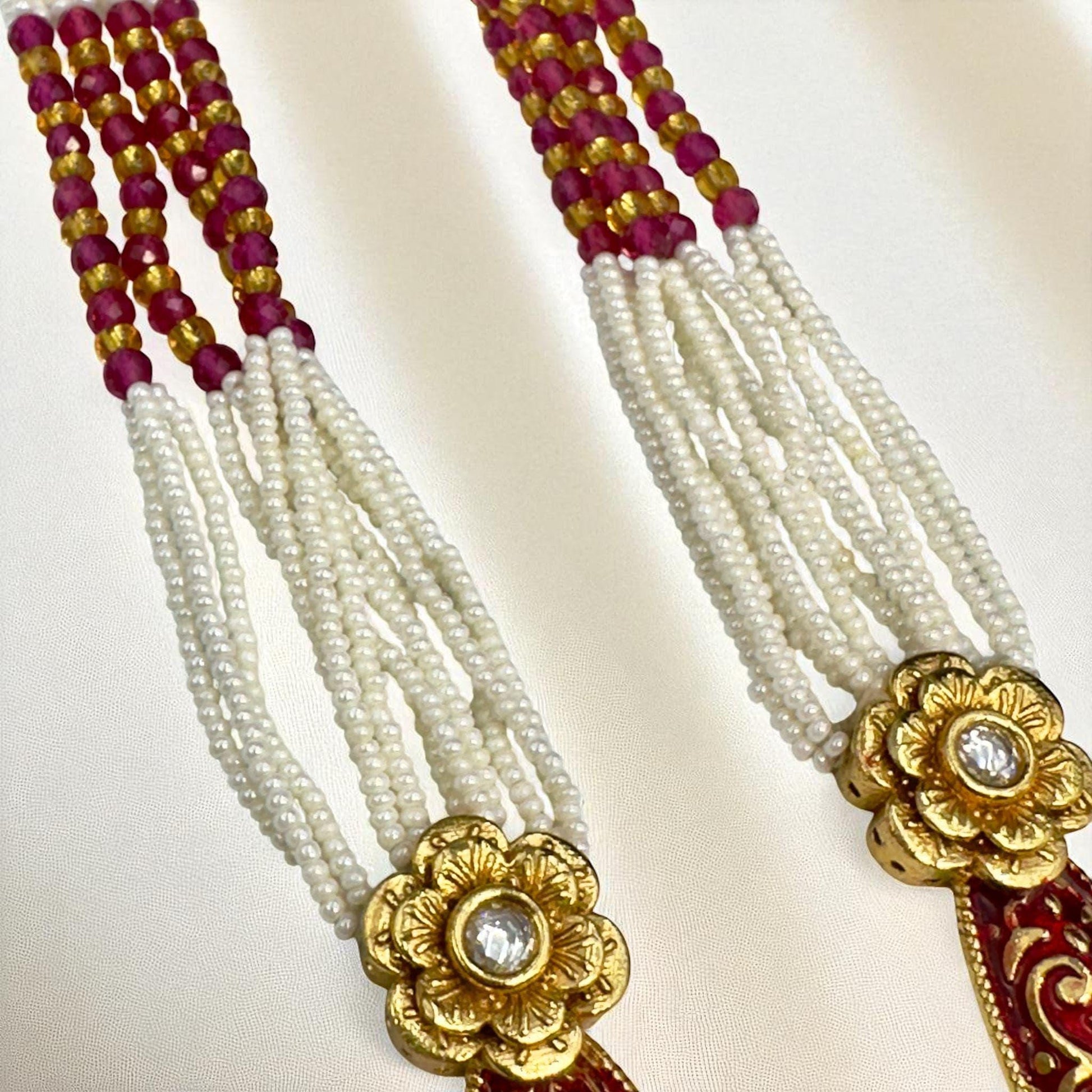 Gold Plated Bollywood Mala Set – Ruby, Emerald, and Pearls