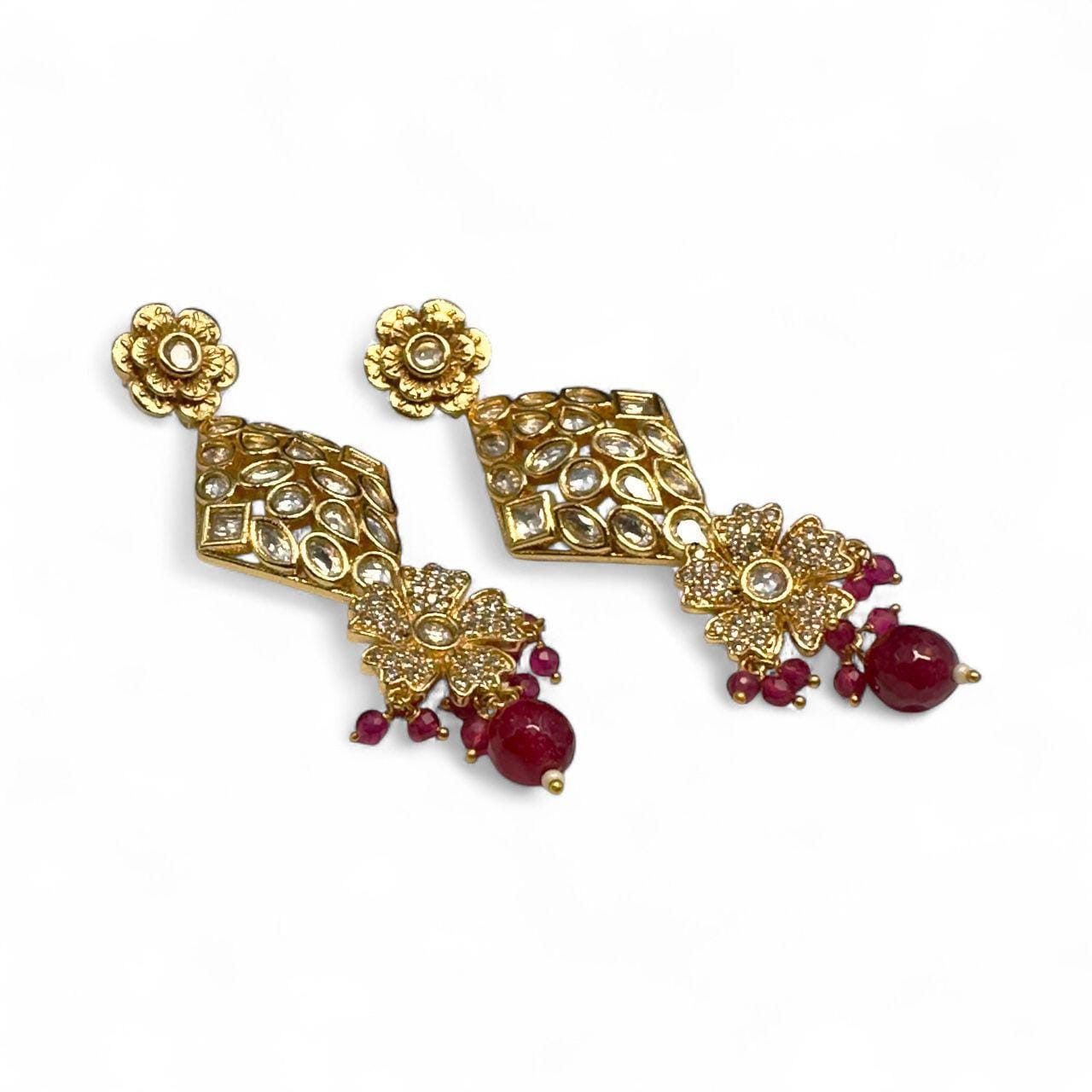 Gold Plated Bollywood Mala Set – Ruby, Emerald, and Pearls