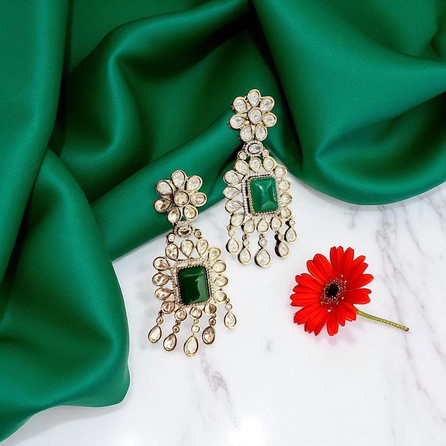 Bollywood doublet monzonite   Indian Designer statement large Earrings , gold finish,Victorian,Ad stones