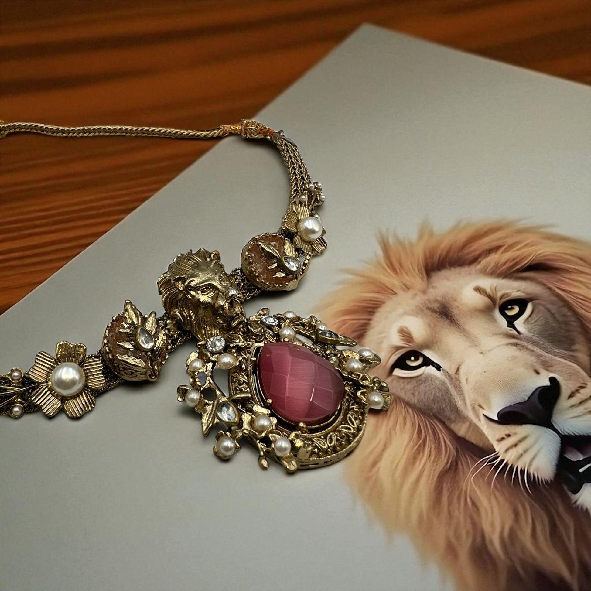 Majestic Lion Necklace and Earring Set - Gold-Toned with Pink Stone and Pearls