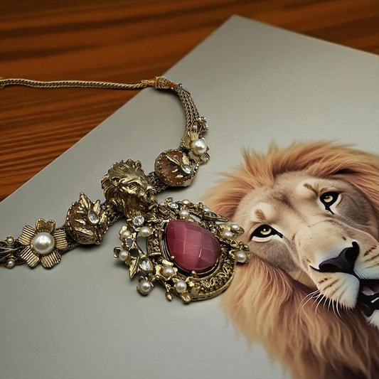 Majestic Lion Necklace and Earring Set - Gold-Toned with Pink Stone and Pearls