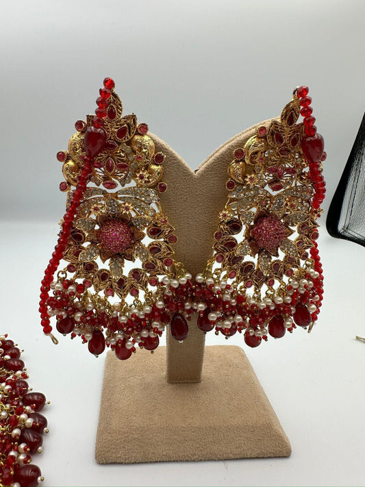 Red Kundan Bridal Jewelry Set – Gold Choker Necklace, Tikka Earrings