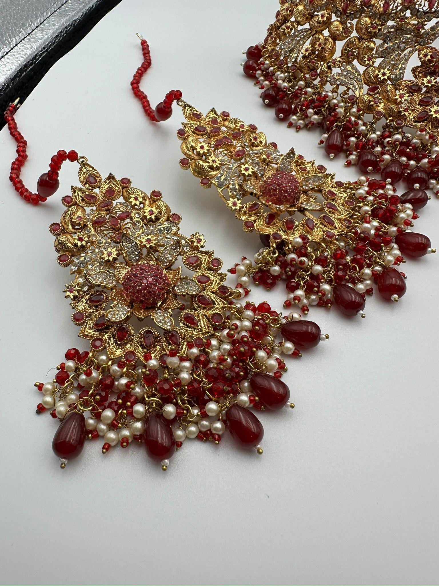 Red Kundan Bridal Jewelry Set – Gold Choker Necklace, Tikka Earrings
