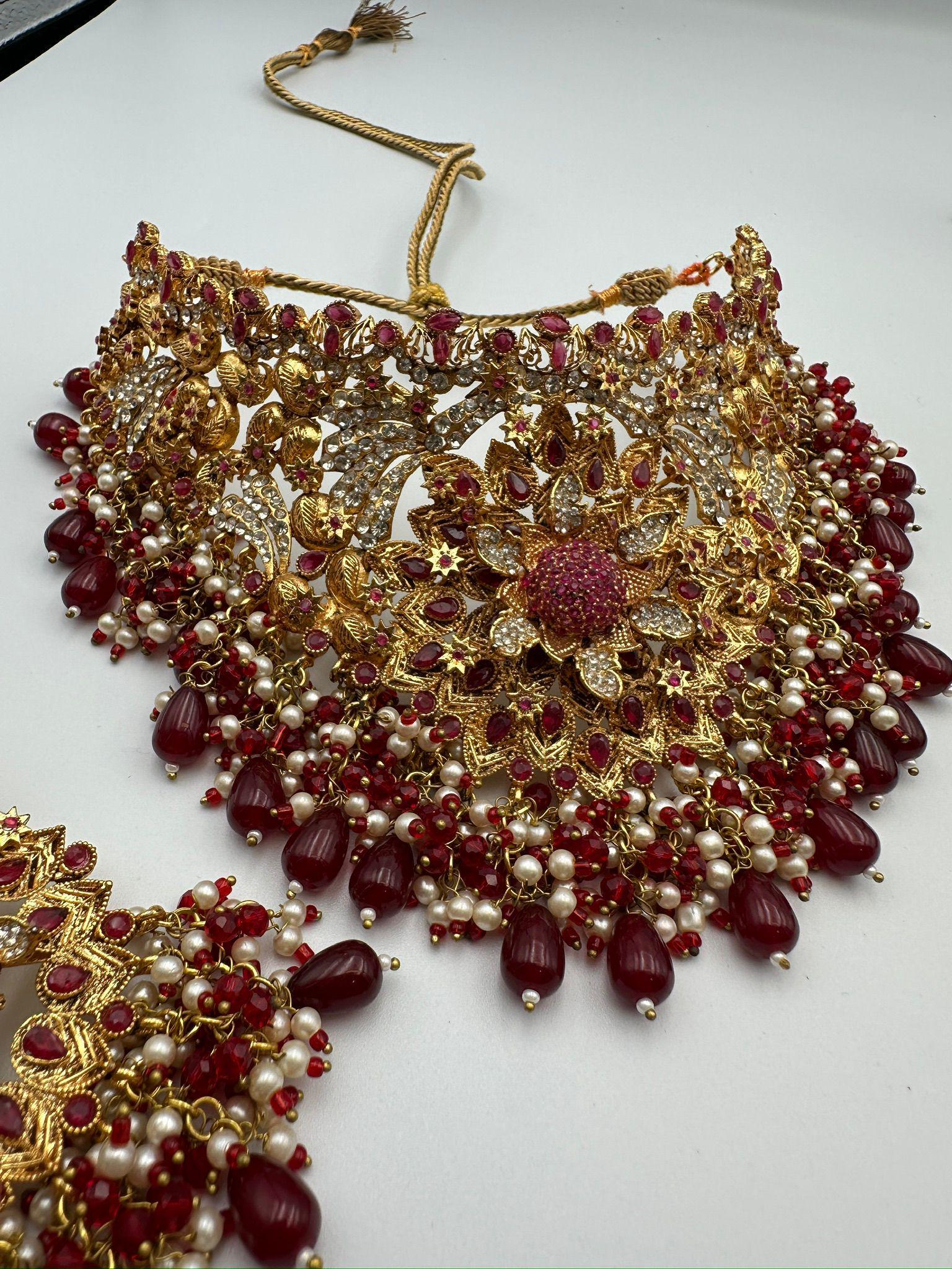 Red Kundan Bridal Jewelry Set – Gold Choker Necklace, Tikka Earrings