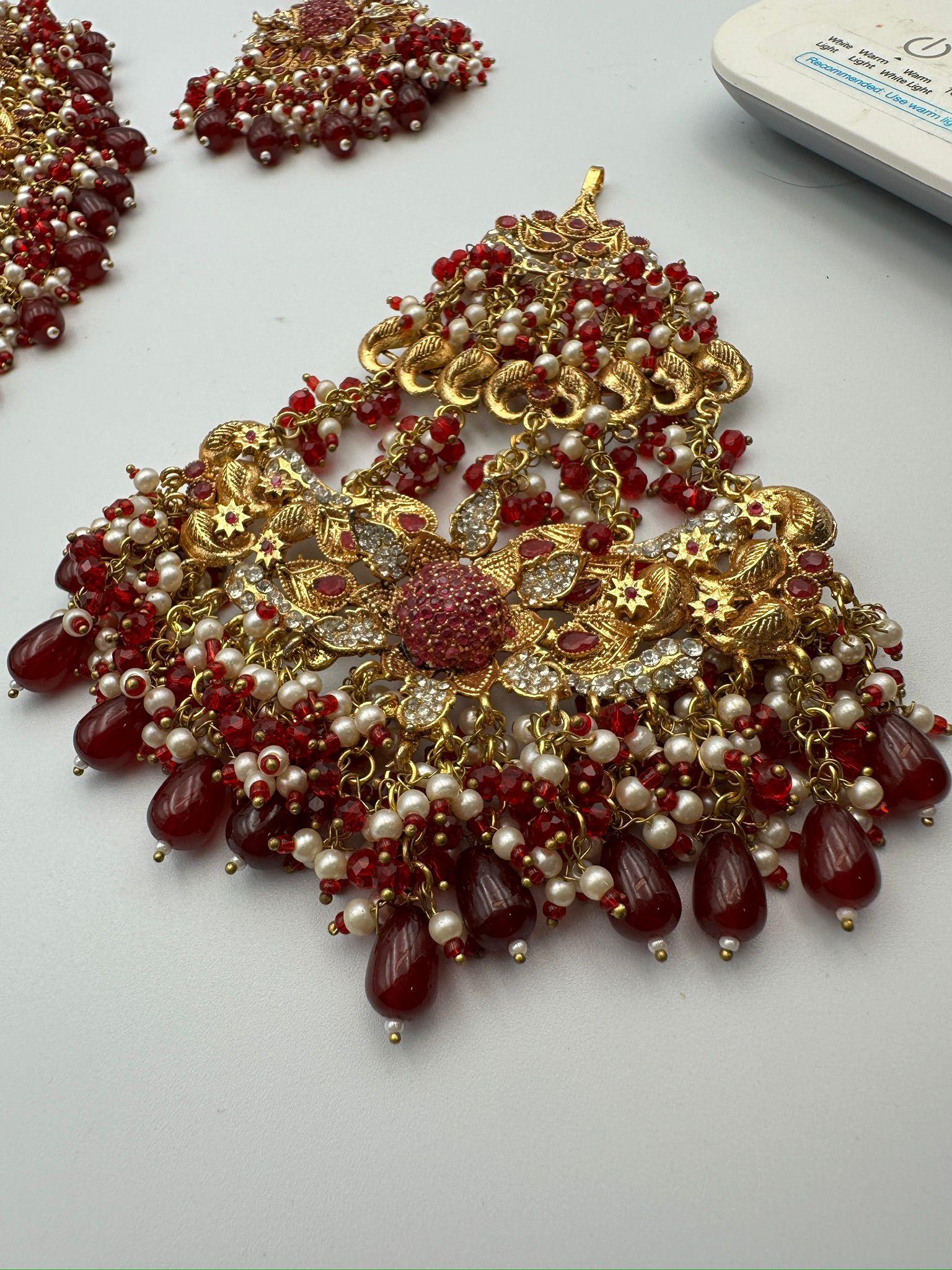 Red Kundan Bridal Jewelry Set – Gold Choker Necklace, Tikka Earrings