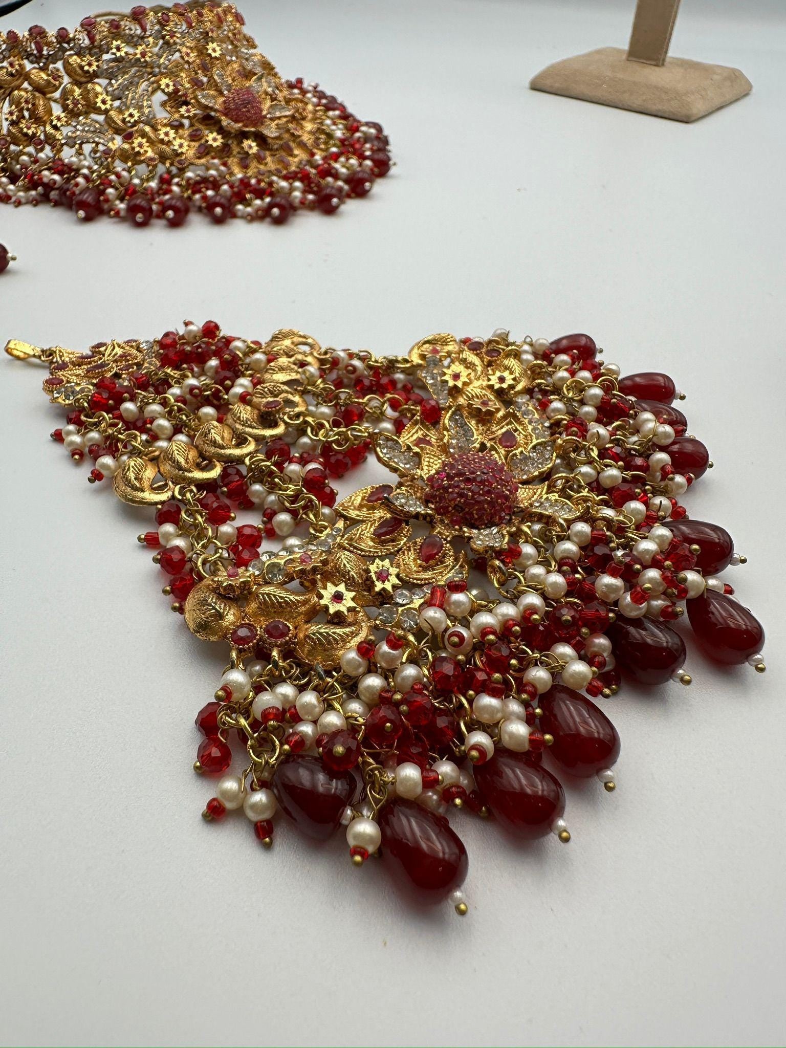 Red Kundan Bridal Jewelry Set – Gold Choker Necklace, Tikka Earrings