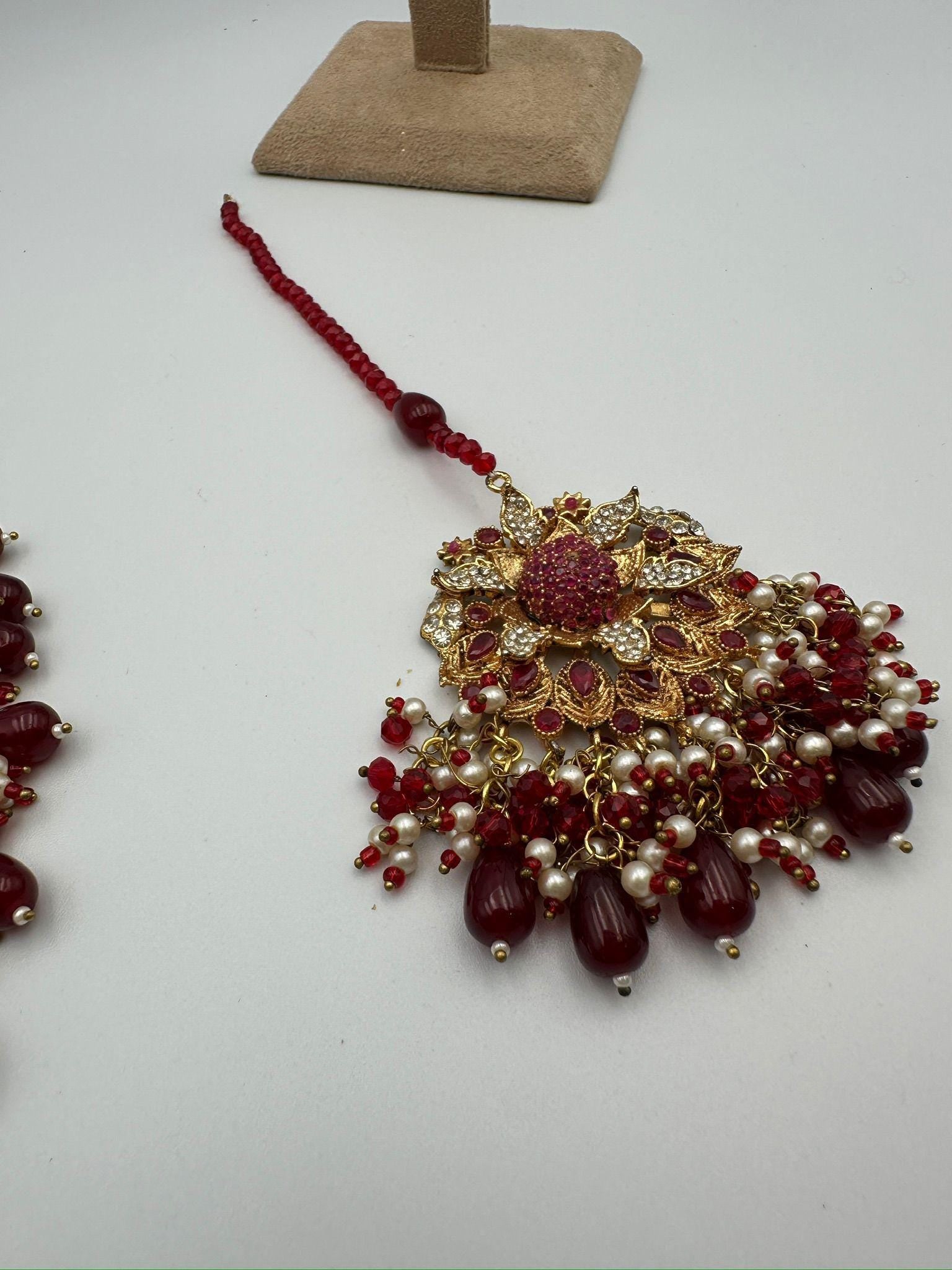 Red Kundan Bridal Jewelry Set – Gold Choker Necklace, Tikka Earrings