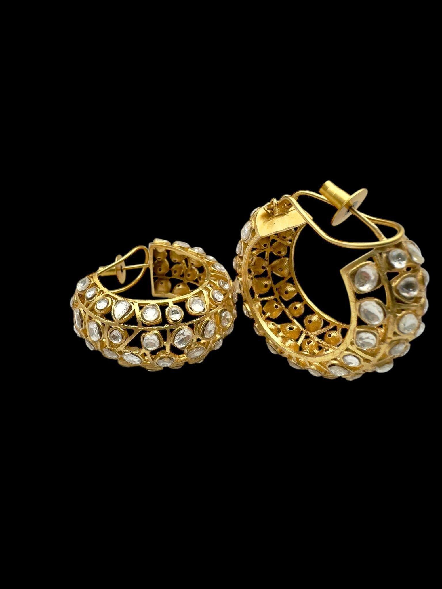 Gold Plated Bali Hoop Earrings - Matt Finish, Gemstone Accents