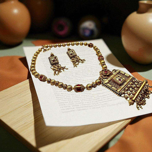 Rajwari Necklace complete Set - Exquisite Gold-Plated Jewelry with Red Stones