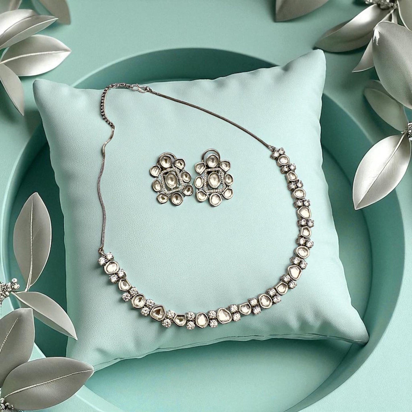 Bollywood designer Kundan  Necklace set with studs. Indian Jewelry