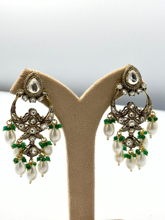 Kundan Chandbali Earrings – Emeralds and Pearls, Indian Jhumka Jewelry