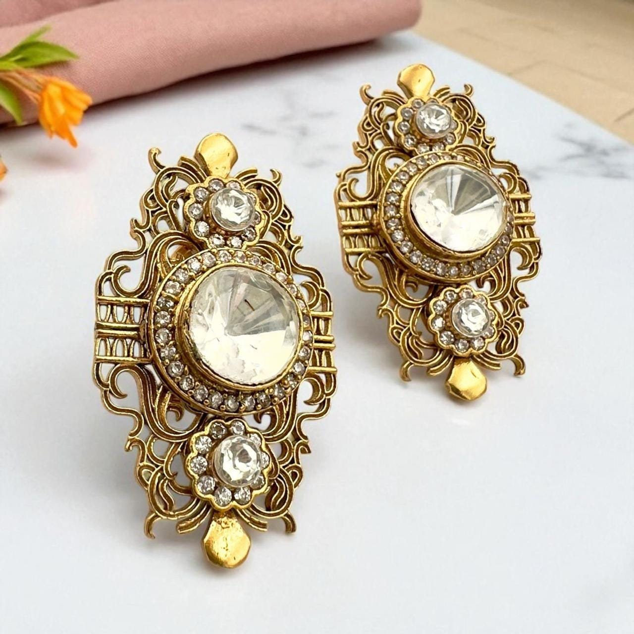Elegant Gold-Plated Polki Earrings with Clear Stones - Traditional Indian Jewelry for Weddings and Festivals