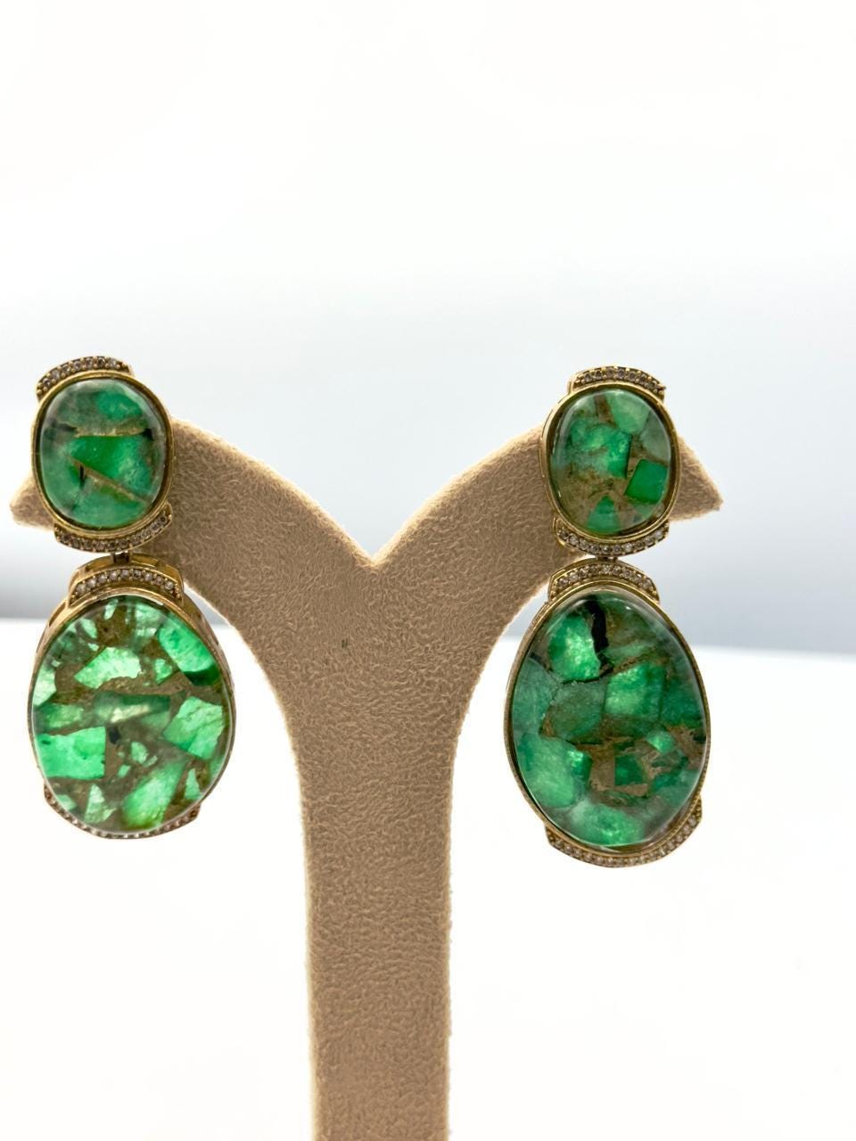 Bollywood Style Emerald Green Dangle Earrings - Handcrafted Gold-Toned Jewelry with Vibrant Stones
