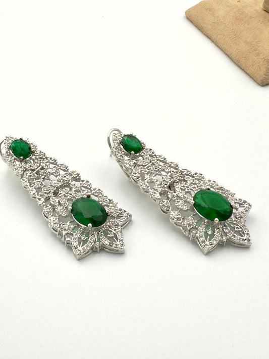 Silver Plated CZ Stone Emerald Green Earrings - Elegant Drop Dangle Jewelry for Women