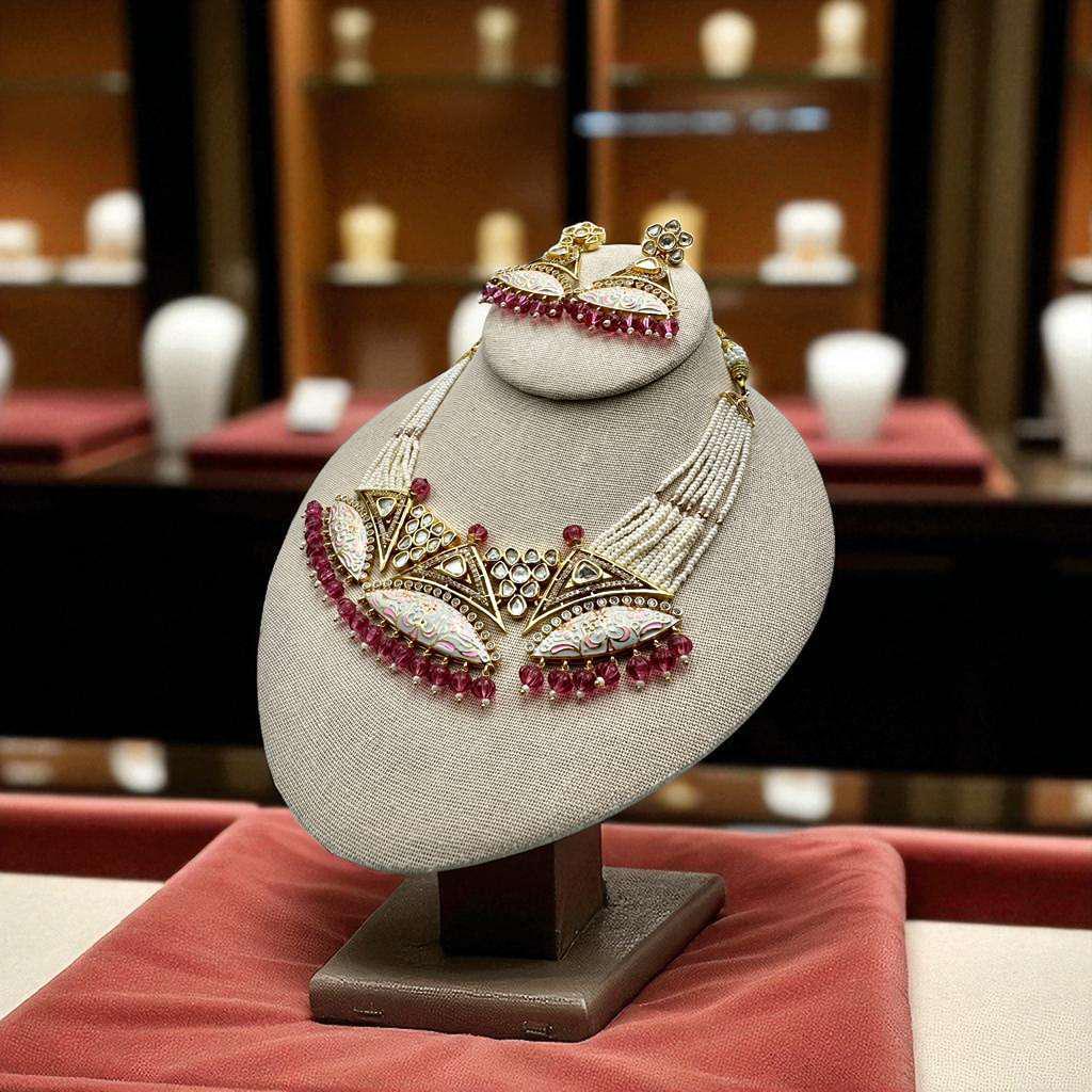 Kundan Set Gold Plated with Meena Work Fig Pink / Anar Color
