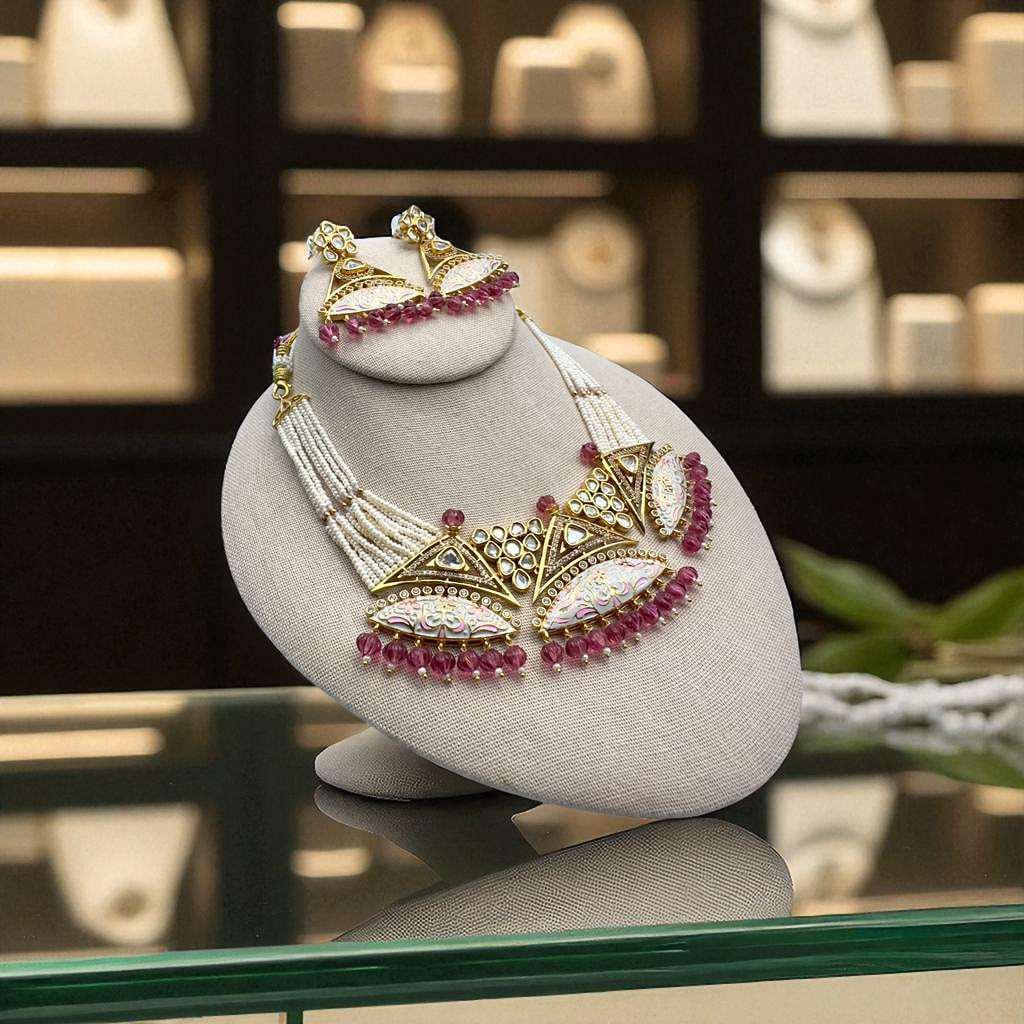 Kundan Set Gold Plated with Meena Work Fig Pink / Anar Color