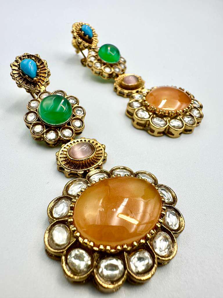 Designer Statement Earrings - Yellow Doublet in Antique Gold Finish