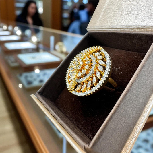 Cubic Zirconia Ring Gold Plated | Elegant Statement Jewelry with Leaf Motif