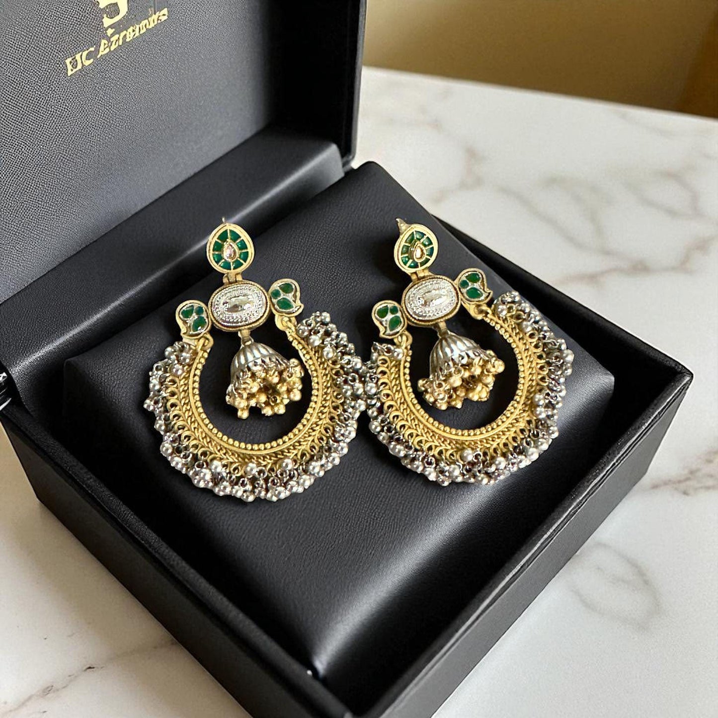 Gold & Silver oxerdize Tone Jhumka Earrings with Green Traditional Ethnic Jewelry