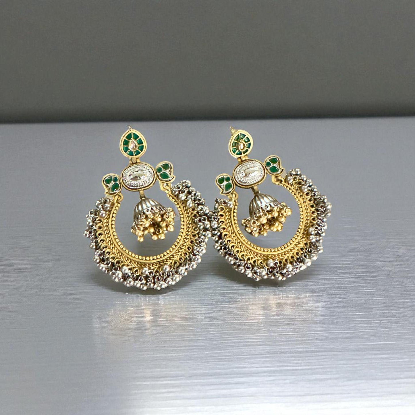 Gold & Silver oxerdize Tone Jhumka Earrings with Green Traditional Ethnic Jewelry
