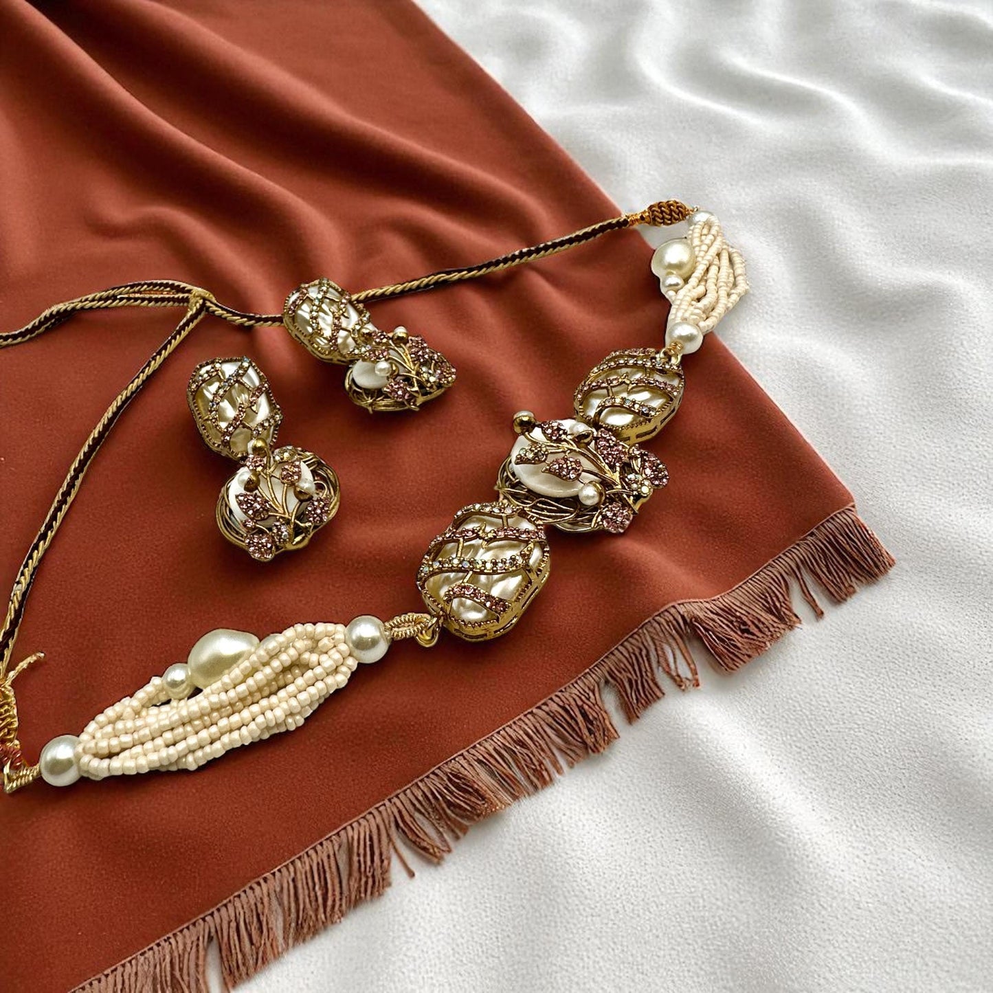 Bollywood ethnic Indian designer choker set antique gold finish mother of pearl