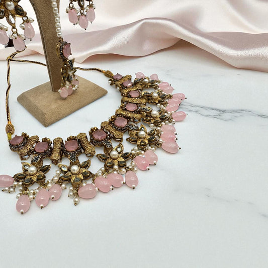 Bollywood ethnic Indian designer necklace set antique gold finish soft pink