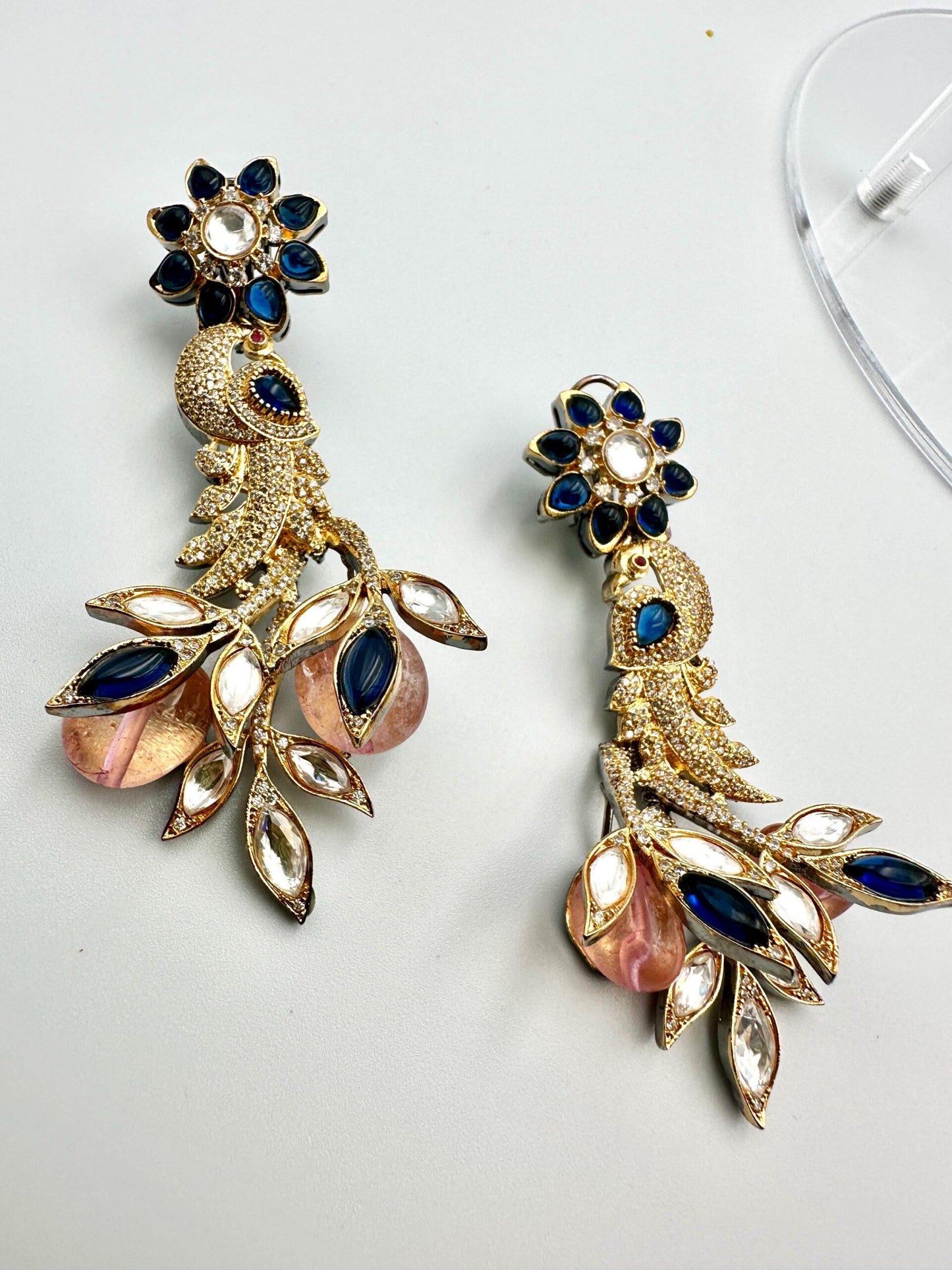 Bollywood Peacock Drop Earrings, Indian Gold Finish Victorian Style