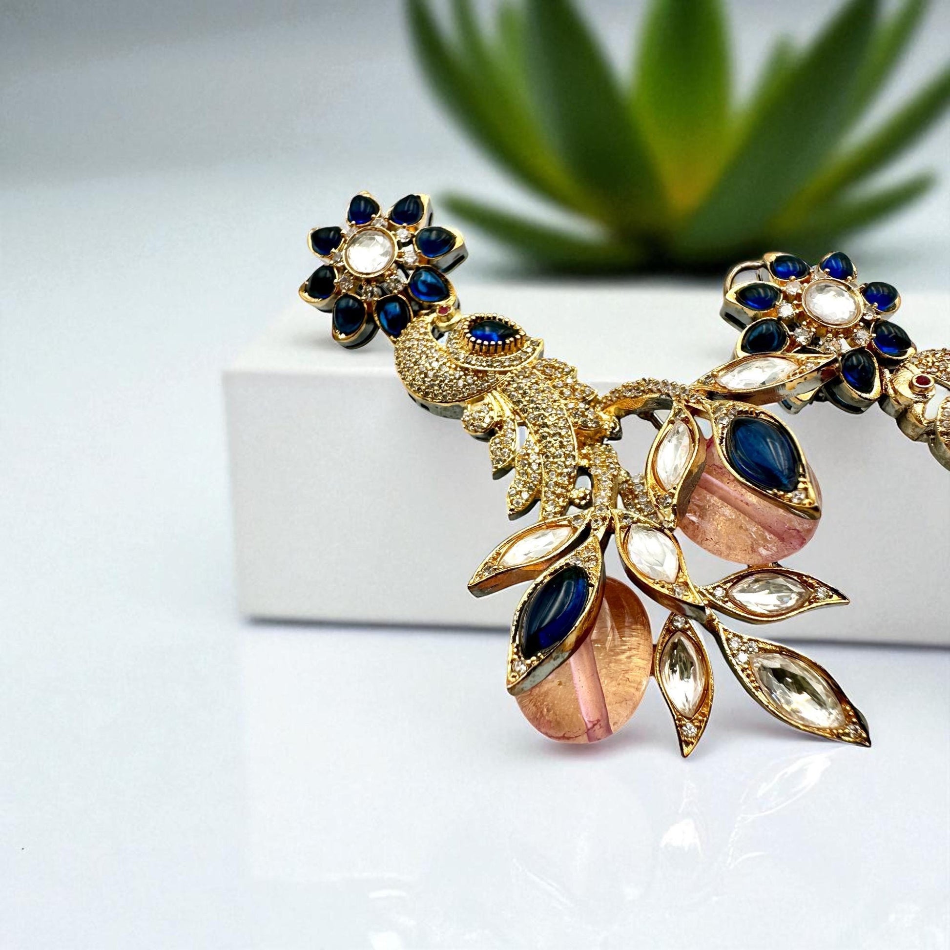 Bollywood Peacock Drop Earrings, Indian Gold Finish Victorian Style