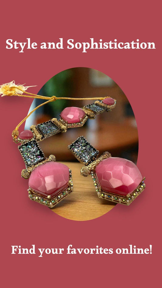 Bollywood Style Pink and Gold Kundan Necklace Set with Earrings - Traditional Indian Bridal Jewelry
