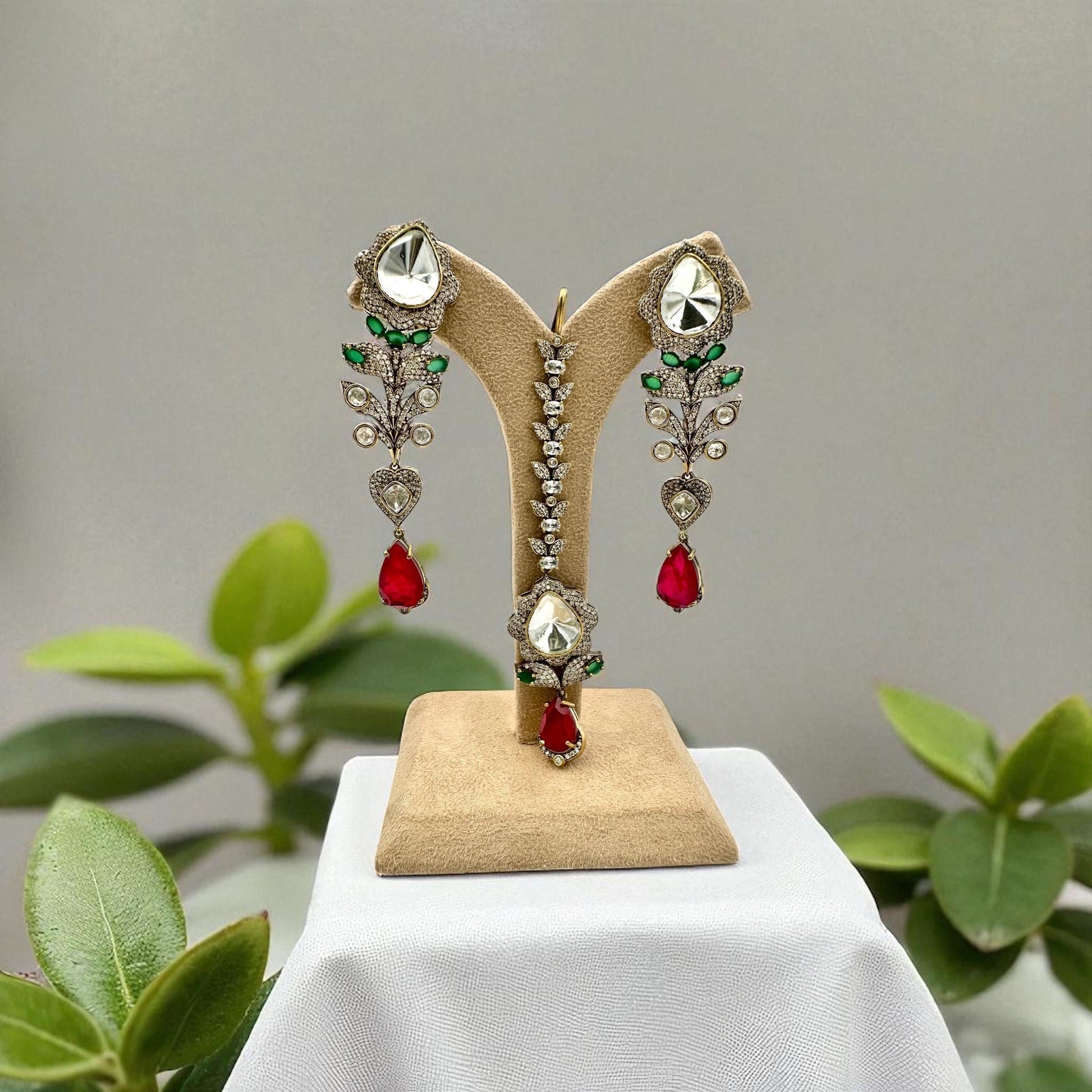 Bollywood heritage designer ethnic Indian Emerland green set, Ruby with ad /kundan stone.