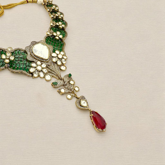 Bollywood heritage designer ethnic Indian Emerland green set, Ruby with ad /kundan stone.