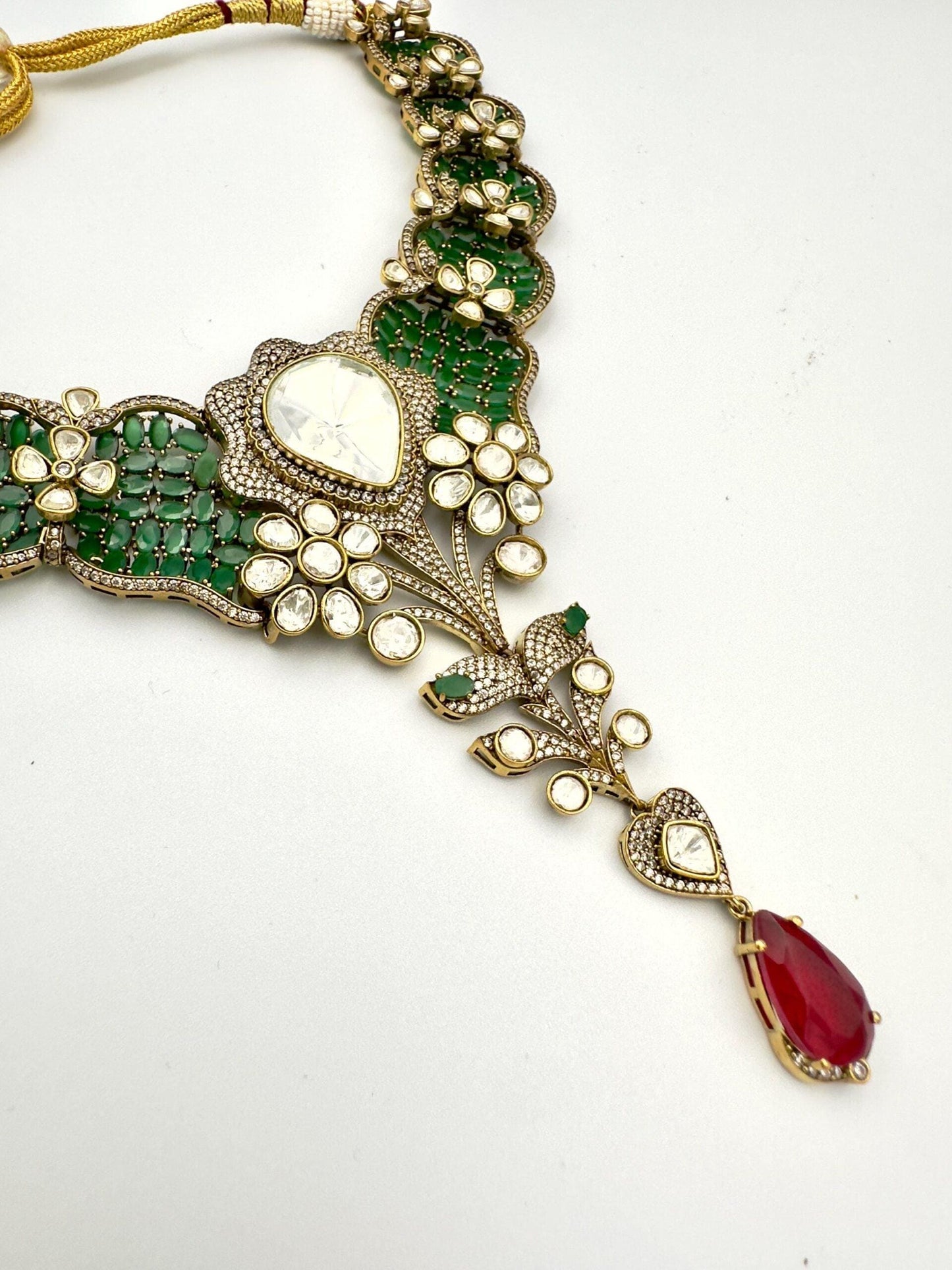 Bollywood heritage designer ethnic Indian Emerland green set, Ruby with ad /kundan stone.