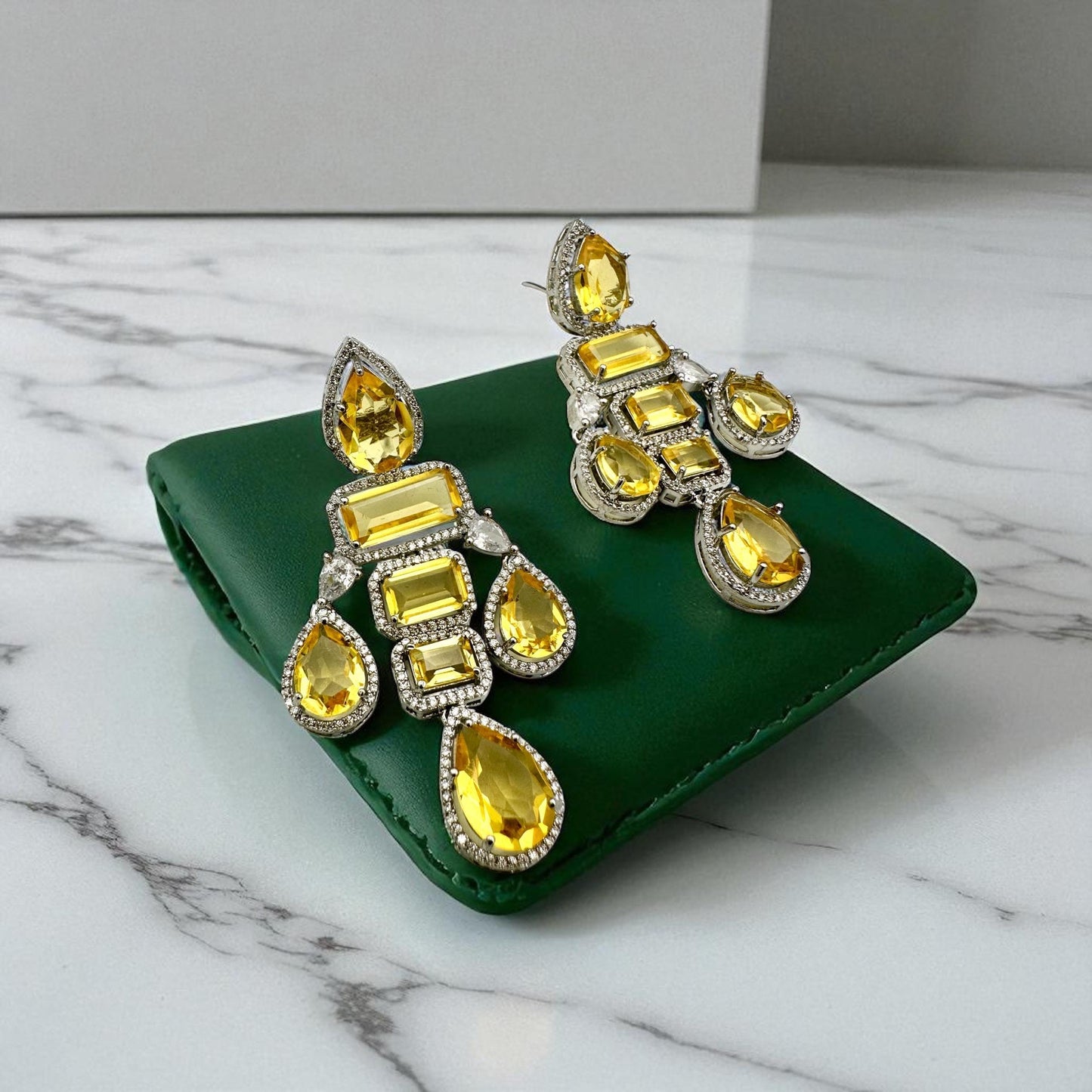 Bollywood Indianyellow citrine Designer Earrings with ad stone cubic zarconia silver plated,Victorian