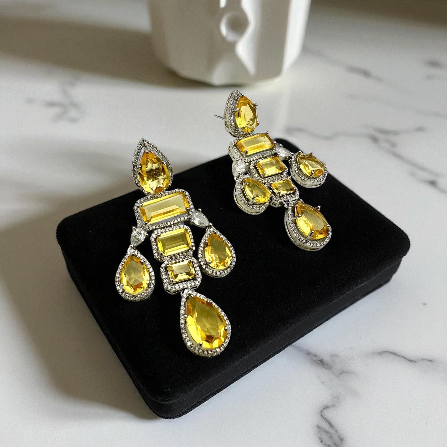 Bollywood Indianyellow citrine Designer Earrings with ad stone cubic zarconia silver plated,Victorian