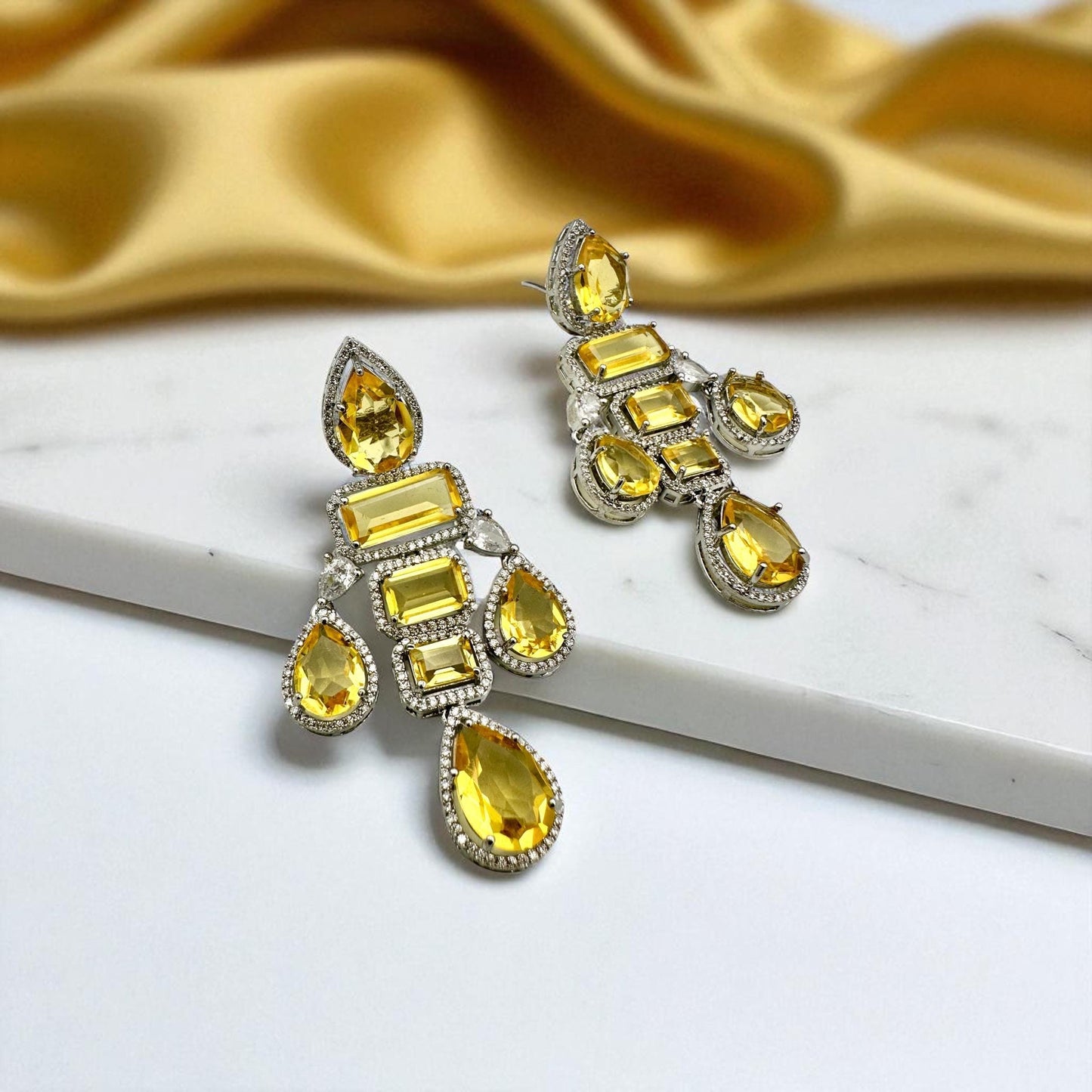 Bollywood Indianyellow citrine Designer Earrings with ad stone cubic zarconia silver plated,Victorian