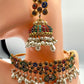 Gold-Plated Indian Jhumka Necklace Earring Set, Multicolor Stones & Pearls