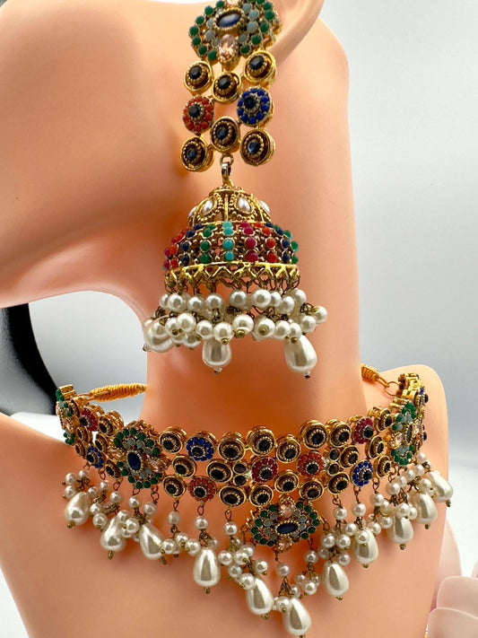Gold-Plated Indian Jhumka Necklace Earring Set, Multicolor Stones & Pearls