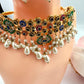 Gold-Plated Indian Jhumka Necklace Earring Set, Multicolor Stones & Pearls